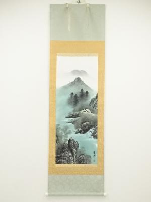 青峰筆　彩色山水　肉筆絹本掛軸（保護箱）